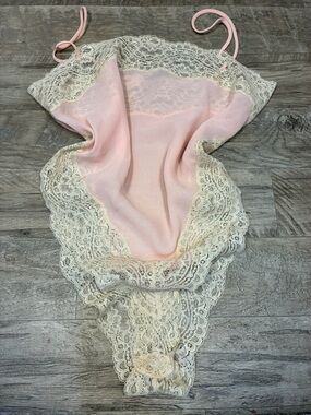 Vintage Jonquil Lingerie Teddy Bodysuit Lace Trim Pink Cream